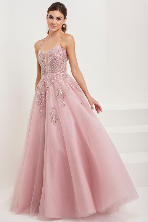 Dusty Rose Tulle Beaded Long Prom Dress with Lace Up Back – Pgmdress