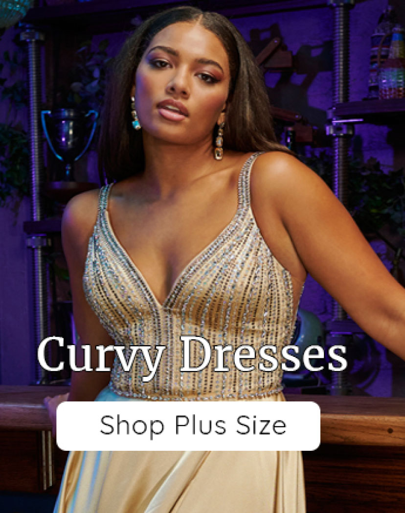 Curvy girl in a sequined champagne plus sized dress.