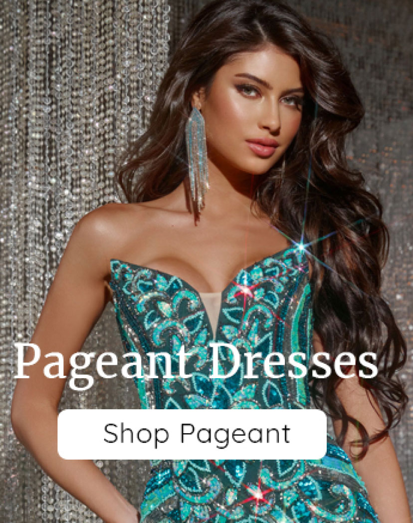 Brunette girl in a turquoise sparkly strapless pageant dress.