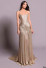 Front view of gold Tarik Ediz Carlos silky foil evening gown