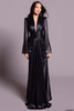 Front view of navy Tarik Ediz Oliviana silky foil gown