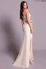 Side back view of Tarik Ediz Perli sheath gown with bow detail