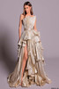 Front view of gold Tarik Ediz Zenna evening gown with layered skirt