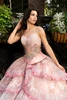 Beaded sweetheart bodice detail on blush and silver quinceañera gown