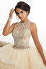 Beaded illusion bodice of mahogany tulle quinceanera dress