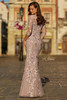 Back view of mauve La Femme 31464 with illusion lace back