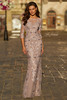 Front view of mauve La Femme 31464 lace mother dress