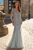 Front view of dusty blue La Femme 31799 mermaid mother dress