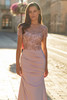 Close view of embroidered lace bodice on La Femme 32737