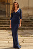 Front view of navy La Femme 33214 ruched mother dress