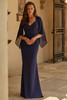 Front view of navy La Femme 33215 mother dress with flutter sleeves