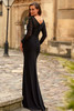 Back view of La Femme 33282 with illusion back and fitted silhouette