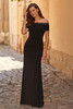 Front view of black La Femme 33329 off-the-shoulder mother dress