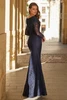 Back view of La Femme 33333 fitted lace gown with sheer sleeves