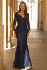 Front view of navy La Femme 33333 lace mother dress