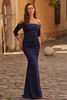 Front view of navy La Femme 33541 off-the-shoulder mother dress