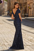 Back view of La Femme 33571 fitted brocade gown