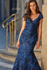 Close view of V-neckline and floral brocade pattern on La Femme 33578