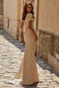 Back view of La Femme 33598 fitted brocade gown with train