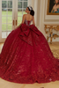 Morilee 89474 red quinceanera gown back view with bow and train