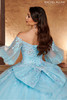Back bodice and bow detail on Rachel Allan RQ1110 light blue quinceanera dress