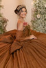 Copper quinceanera gown back with statement bow over corset lace-up