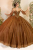 Fiesta Gowns 56552 copper strapless beaded ball gown, statement back bow, front view