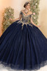 Fiesta Gowns 56555 navy gold embroidered ball gown, front view