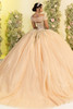 Gold quinceanera gown with chapel-length train, back view