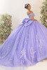 Lilac quinceanera gown with chapel-length train and oversized bow, back view