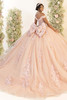 Blush quinceanera gown with chapel train and oversized bow, back view