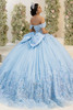 Sky blue quinceanera gown with chapel-length train and bow, back view