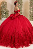 Red quinceanera gown with chapel train and oversized bow, back view