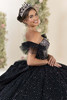 Black sparkle tulle gown with detachable tulle sleeves, side view