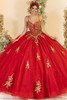 Fiesta Gowns 56559 red gold beaded corset ball gown, front view
