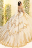 Champagne gold quinceanera gown with detachable dual-tailed bow, back view