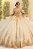 Fiesta Gowns 56560 champagne gold metallic lace ball gown, front view