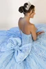 Sky blue lace-up corset back with oversized bow detail