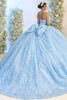 Sky blue quinceanera gown with oversized bow and chapel train, back view