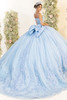 Sky blue quinceanera gown with oversized bow and chapel train, back view