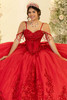 Red sweetheart quinceanera bodice with crystal draped shoulder strands