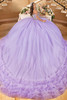 Maravilla 80001 lilac quinceanera ball gown with ruffle hem, back view