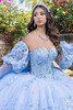 Sky blue quinceanera gown with puff sleeves and sweetheart neckline