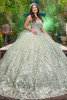 Maravilla 80002 sage quinceanera ball gown with 3D floral appliqués, front view