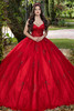 Maravilla 80004 red quinceanera ball gown with floral appliqués, front view