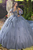 Maravilla 80004 slate blue quinceanera ball gown with floral appliqués, front view