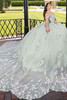 Sage multi quinceanera gown with sheer floral train, side view