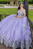 Lilac multi quinceanera gown with off-shoulder straps and floral appliqués