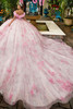Pink multi quinceanera gown with dramatic train and floral print, back view