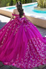 Magenta quinceanera gown with asymmetrical tulle cascade train, rear view